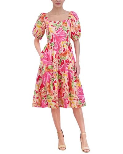 Vince Camuto Floral-print Puff-sleeve Midi Dress - Red