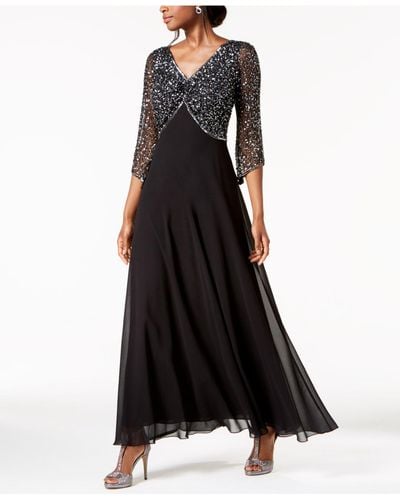 J Kara Embellished 3/4-sleeve Gown - Black