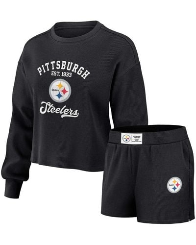 WEAR by Erin Andrews Distressed Pittsburgh Steelers Waffle Knit Long Sleeve T-shirt And Shorts Lounge Set - Black