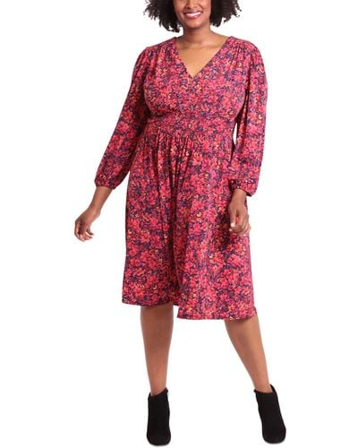 London Times Plus Size Smocked-trim Long-sleeve Dress - Red