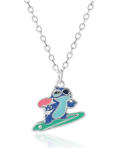 Disney Lilo And Stitch Silver Plated Stitch Surfing Pendant - Blue