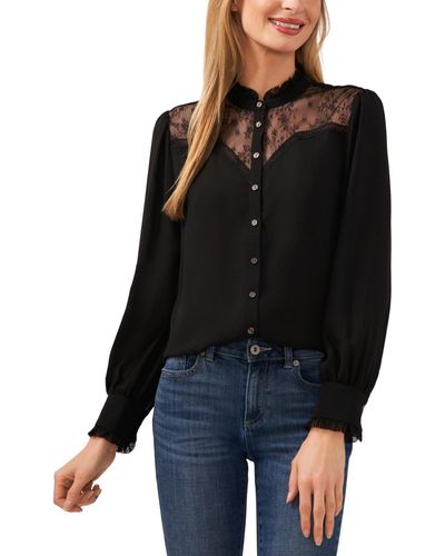 Cece Lace Inset Ruffle Collar Shirt - Black
