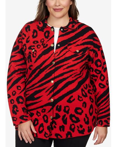 Ruby Rd. Plus Size Animal Print Shacket Sweater - Red