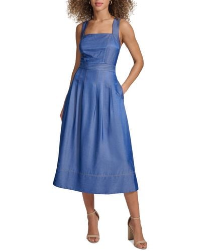 Kensie Square-neck Sleeveless Denim Dress - Blue