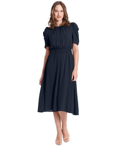 London Times Petite Ruched-sleeve Smocked-waist Dress - Blue