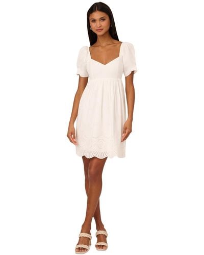 Adrianna Papell Cotton Eyelet Puff-sleeve Fit & Flare Dress - White