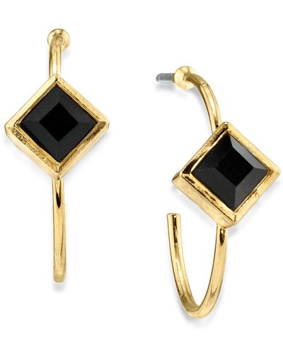 2028 14k Gold-tone Diamond Shape Crystal Open Hoop Stainless Steel Post Small Earrings - Black