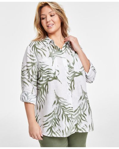 Charter Club Plus Size Printed 100% Linen Button-front Shirt - Gray
