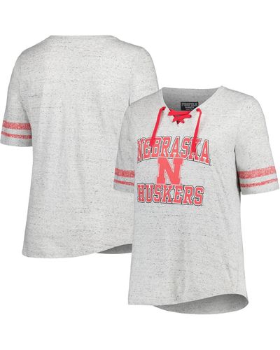 Profile Distressed Nebraska Huskers Plus Size Striped Lace-up T-shirt - Gray