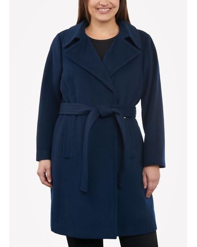 Michael Kors Plus Size Belted Notched-collar Wrap Coat - Blue