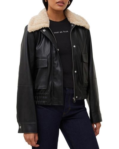 French Connection Faux-leather Long-sleeve Coat - Black