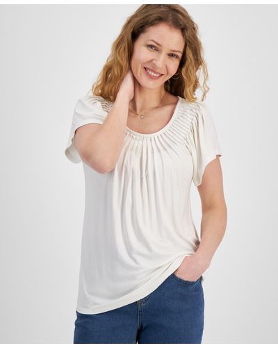Style & Co. Petite Pleated Scoop-neck Short-sleeve Top - White