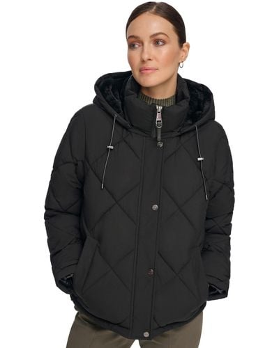 DKNY Diamond Quilted Hooded Puffer Coat - Black