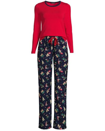 Lands' End Pajama Set Knit Long Sleeve T-shirt And Flannel Pants - Red