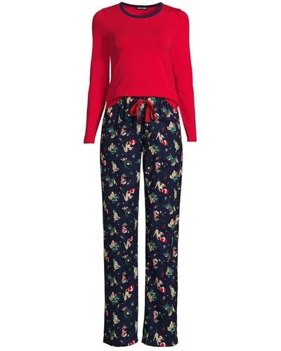 Lands' End Pajama Set Knit Long Sleeve T-shirt And Flannel Pants - Red
