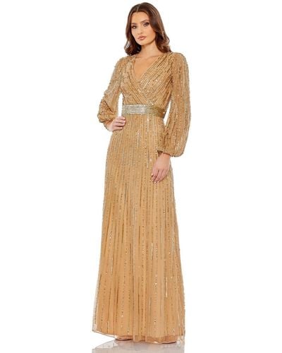 Mac Duggal Sequined Wrap Over Puff Sleeve Gown - Natural