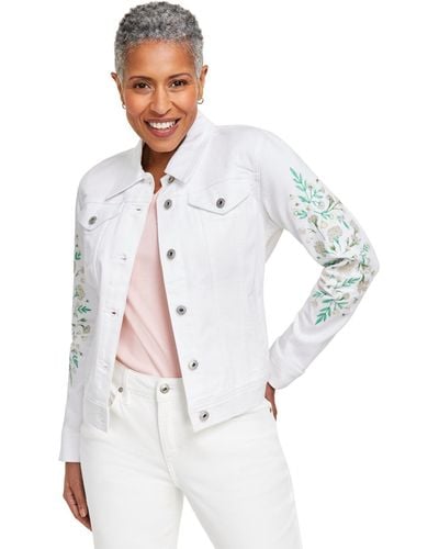 Style & Co. Embroidered Classic Denim Jacket - White