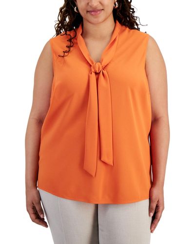Kasper Plus Size Tie-neck Sleeveless Blouse - Orange