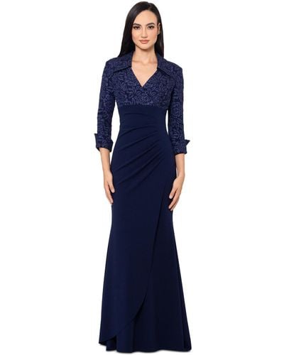Xscape Collared V-neck Jacquard Dress - Blue