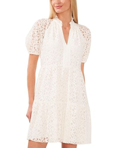 Cece Lace Babydoll Puff Sleeve Tiered Dress - White