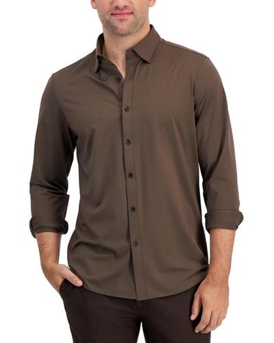 Alfani Alfatech Yarn-dyed Long Sleeve Performance Shirt - Brown
