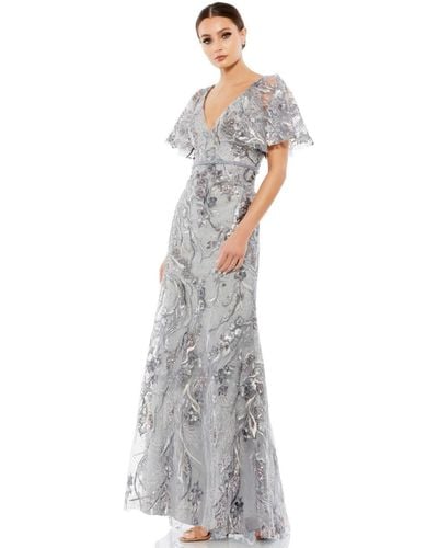 Mac Duggal Embellished V Neck Butterfly Sleeve Trumpet Gown - White