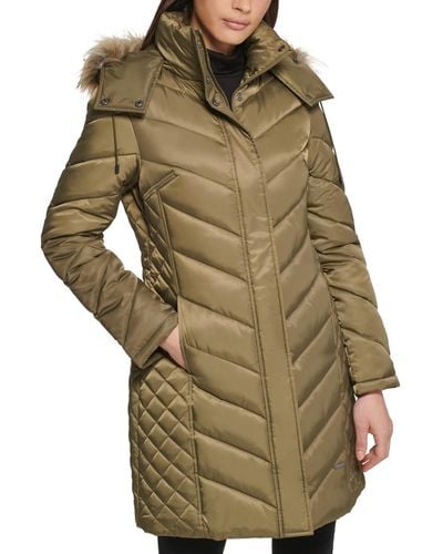 Kenneth Cole Petite Faux-fur-trim Hooded Puffer Coat - Green