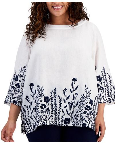 Charter Club 100% Linen Embroidered 3/4-sleeve Top - White