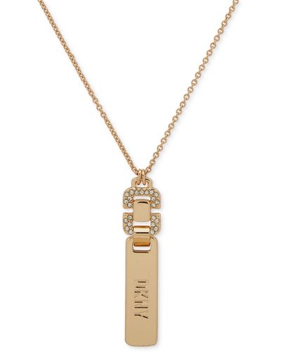 DKNY Gold-tone Pave Link Logo 38" Adjustable Pendant Necklace - Metallic