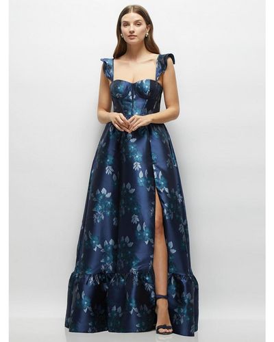 Dessy Collection Baroque Rose Damask Floral Corset Maxi Dress - Blue