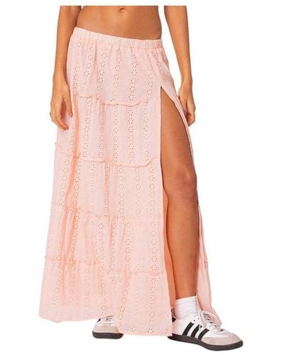 Edikted Tiered Eyelet Slitted Maxi Skirt - Pink