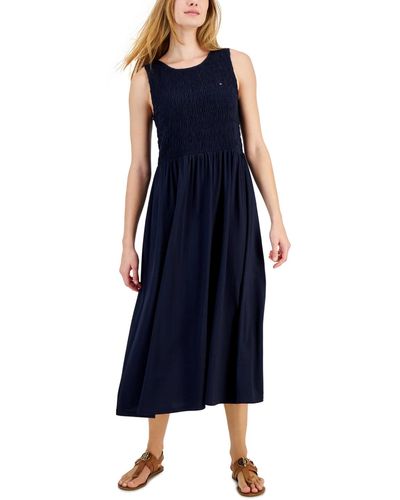 Tommy Hilfiger Solid-color Smocked Sleeveless Dress - Blue