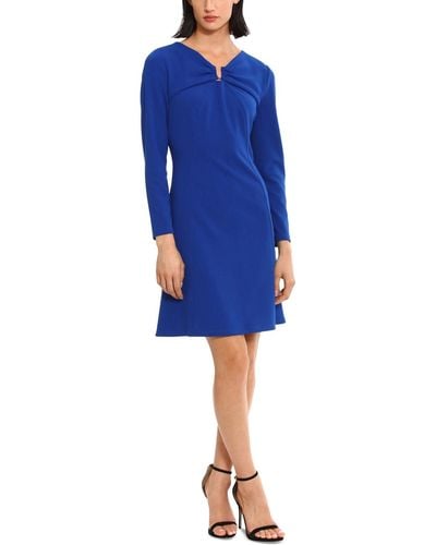 Donna Morgan Ruched V-neck Long-sleeve Dress - Blue