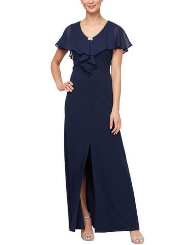 Sl Fashions Petite Chiffon Cape-overlay Long Dress - Blue