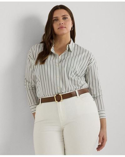 Lauren by Ralph Lauren Plus Size Cotton Button-front Shirt - Gray