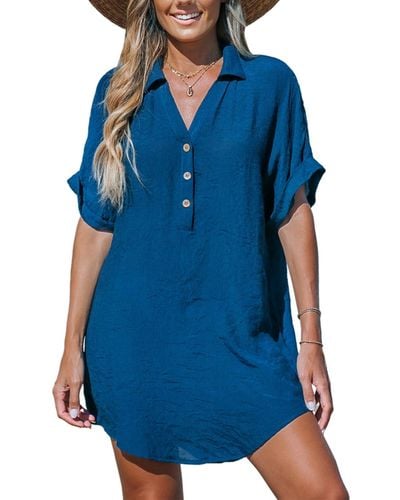 CUPSHE Navy Collared V-neck Mini Cover-up Beach Dress - Blue