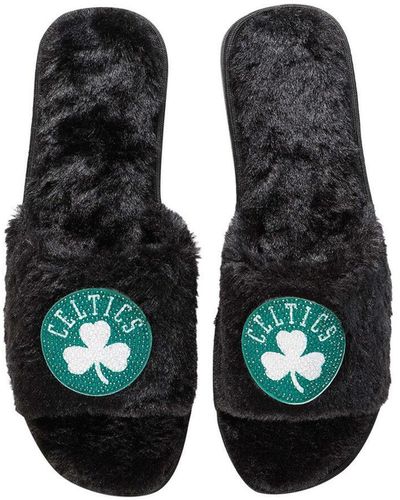 FOCO Boston Celtics Rhinestone Fuzzy Slippers - Black