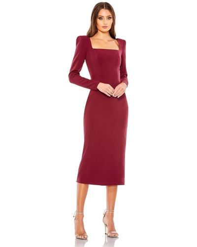 Mac Duggal Ieena Solid Square Puff Long Sleeve Fitted Midi Dress - Red