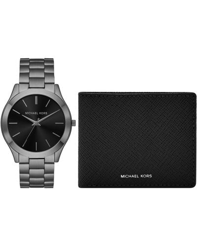 Michael Kors Oversized Slim Runway Gunmetal Watch And Jet Set Charm Leather Wallet Gift Set - Multicolor