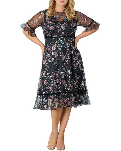 Kiyonna Plus Size Wildflower Embroidered Floral Mesh Dress - Black