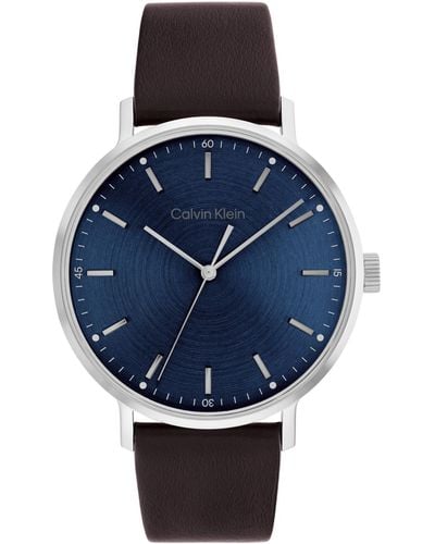 Calvin Klein Quartz Stainless Steel And Leather Strap Watch - Blue