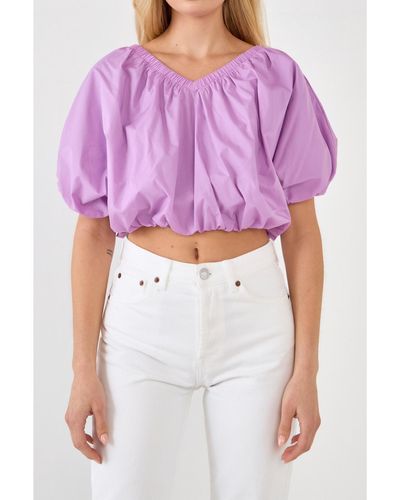 Endless Rose Cropped V-neckline Puff Top - Purple
