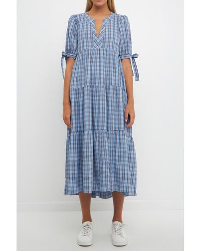English Factory Gingham Tiered Dress - Blue