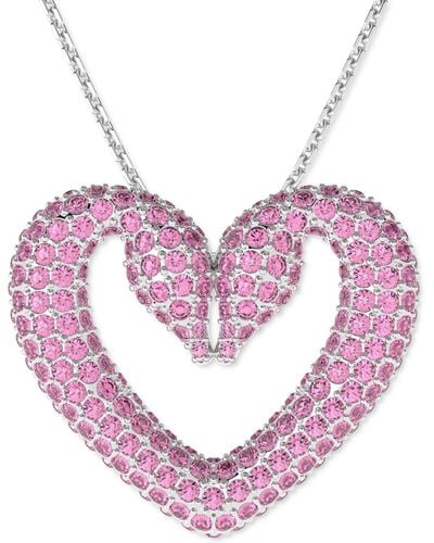 Swarovski Rhodium-plated Pave Swan Heart 16-1/2" Pendant Necklace - Pink