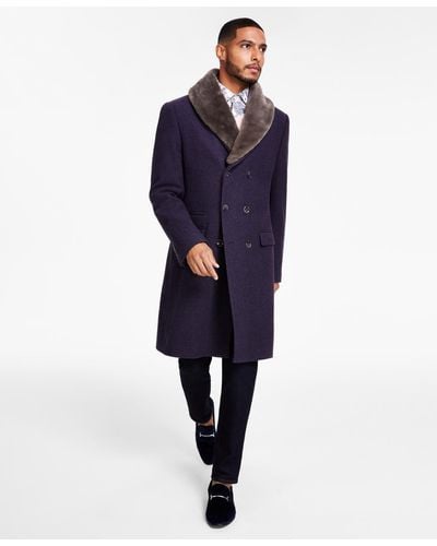 Tayion Collection Classic-fit Double-breasted Wool Blend Overcoats - Blue