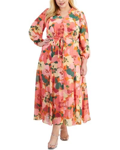 Taylor Plus Size Printed Long-sleeve Tie-waist Maxi Shirtdress - Red