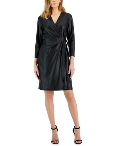 Anne Klein Faux-leather Classic Faux-wrap Dress - Black