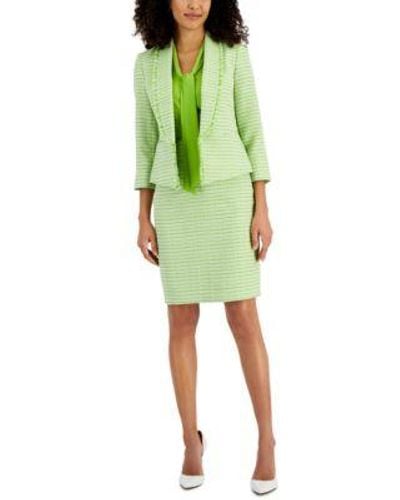 Kasper Tweed Jacket Tie Front Blouse Pencil Skirt - Green