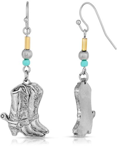 2028 Silver-tone And Imitation Turquoise Accent Western Boots Drop Earrings - Gray