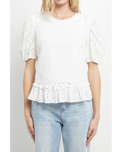 English Factory Lace Puff Sleeve Top With Shoulder Ruffle Details - White